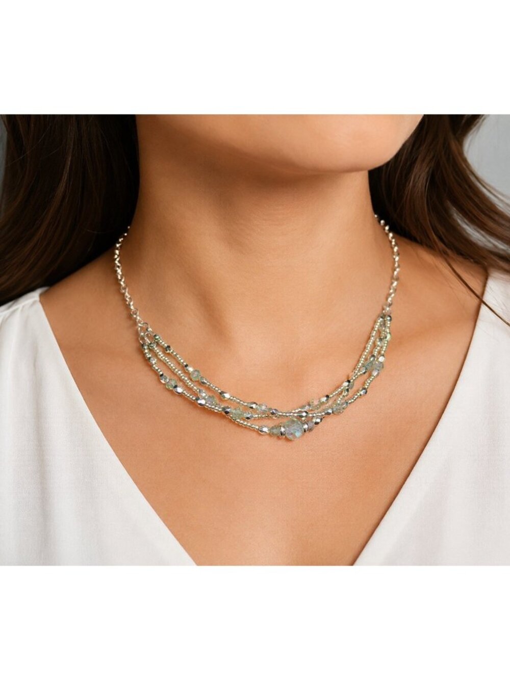 REIMAGINED 18” Adjustable AB Crystal Multi-Strand Necklace Heart Clasp NWT